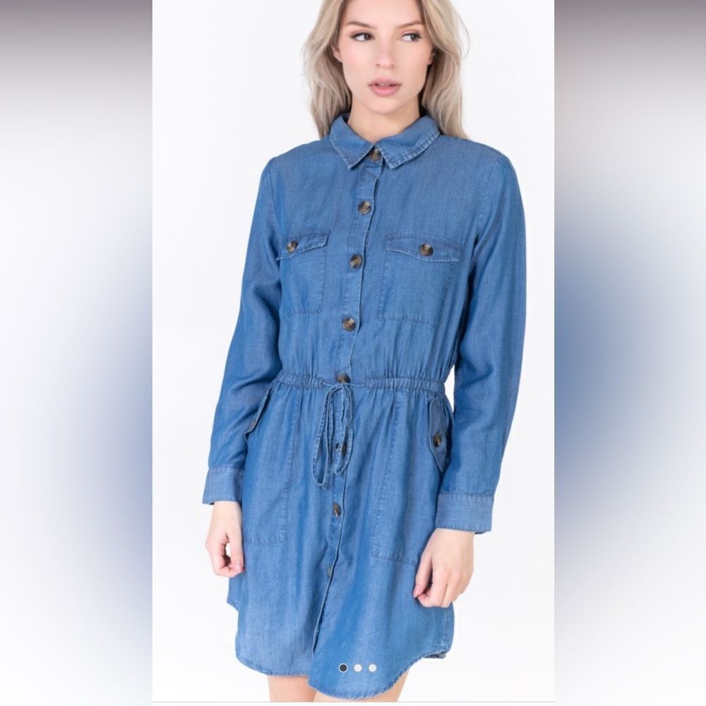New American Eagle Chambray Long Sleeve Button Dress Lyocell